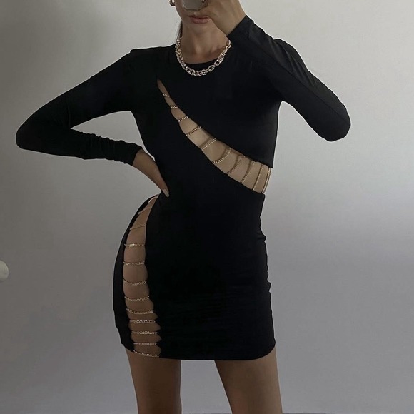 Meshki Dresses & Skirts - Meshki Chain Dress Women's Medium‎ Black Gold Mini Bodycon Sexy Designer Stretch